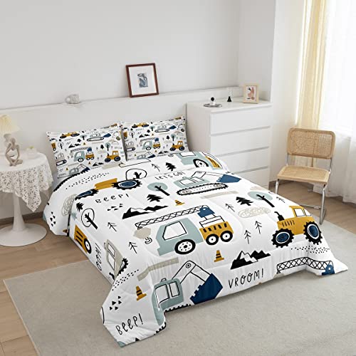 Feelyou Cartoon Car Kids Comforter Set Construction Bedding Set Decor Equipment Trucks Comforter Cartoon Car Excavator Tractor White Yellow Duvet Set Bedroom Quilt Set 2Pcs Twin