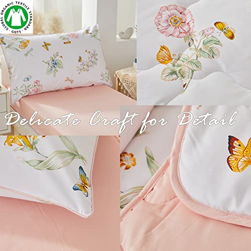 Brandream Toddler Bedding Set Girls Pink Garden Butterfly Floral Comforter Sheet Set Best Cotton Kids Baby Bedding 4Pcs Blush White Green