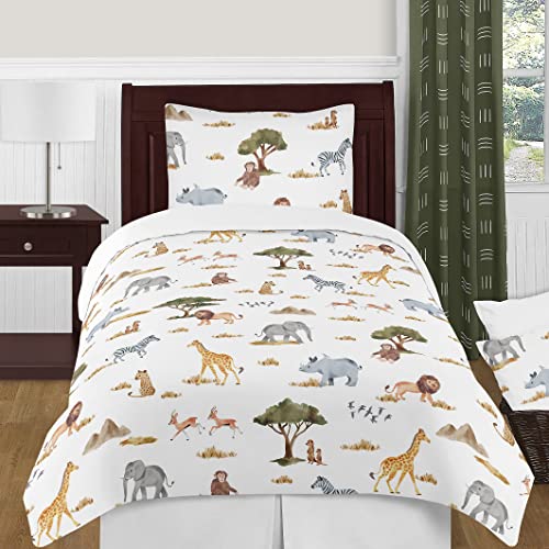 Sweet Jojo Designs Jungle Animals Boy Girl Twin Bedding Comforter Set Kids Size 4pc Hunter Green Yellow Grey Rust Orange Black White Wildlife Safari Animal Elephant Giraffe Lion Monkey Leopard Cheetah