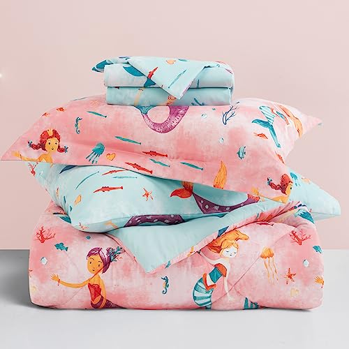 UMCHORD Pink Mermaid Kids Bedding Set for Girls, Twin Size 5 Pieces Bed in a Bag, Super Soft Lightweight Microfiber Comforter Set with Sheets, Hotel Quality Durable Children Bed Set