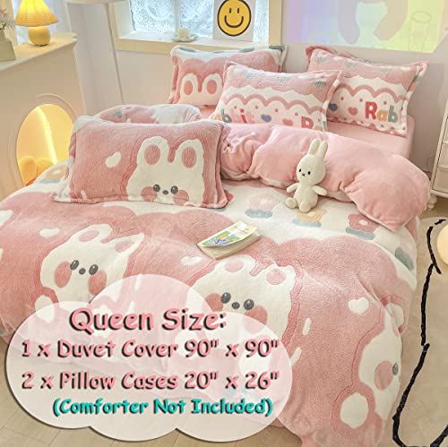 LMONMOO Pink Duvet Cover Queen Size, Fluffy Comforter Cover Set, Kawaii Bunny Bedding Sets for Girl Ultra Soft Cute Floral Bed Set for Kids(Pink Bunny, Queen)