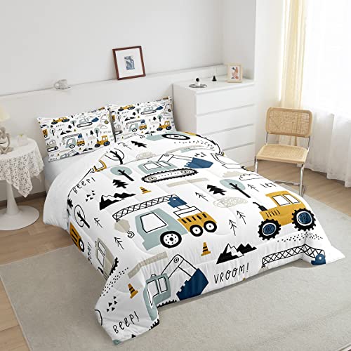 Feelyou Cartoon Car Kids Comforter Set Construction Bedding Set Decor Equipment Trucks Comforter Cartoon Car Excavator Tractor White Yellow Duvet Set Bedroom Quilt Set 2Pcs Twin