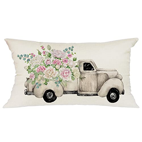 GEEORY Spring Pillow Covers 12X20 Flowers Truck Decorative Pillow Cases Summer Decorations Farmhouse Home Decor Cushion Case for Couch Sofa
