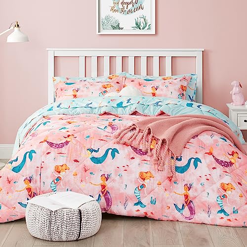UMCHORD Pink Mermaid Kids Bedding Set for Girls, Twin Size 5 Pieces Bed in a Bag, Super Soft Lightweight Microfiber Comforter Set with Sheets, Hotel Quality Durable Children Bed Set