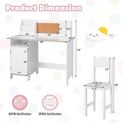 Costzon Kids Desk and Chair Set, Wooden Children Study Table with Hutch, Cabinet, Bulletin Board, Student Computer Workstation Writing Table for Bedroom, Study Room, Gift for Boys Girls 3+ (White)