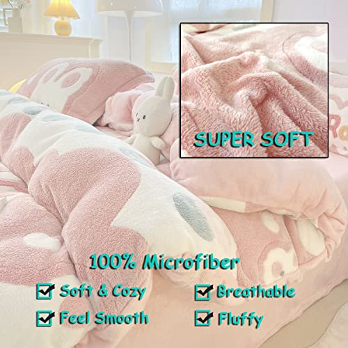 LMONMOO Pink Duvet Cover Queen Size, Fluffy Comforter Cover Set, Kawaii Bunny Bedding Sets for Girl Ultra Soft Cute Floral Bed Set for Kids(Pink Bunny, Queen)