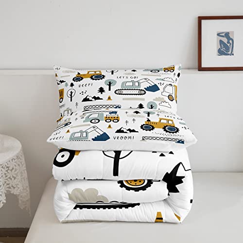 Feelyou Cartoon Car Kids Comforter Set Construction Bedding Set Decor Equipment Trucks Comforter Cartoon Car Excavator Tractor White Yellow Duvet Set Bedroom Quilt Set 2Pcs Twin