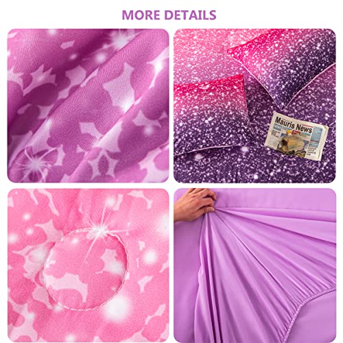 PERFEMET Purple Comforter Set Full Size - 6Pcs Colorful Rainbow Girls Bedding Set - Sparkly Pastel Ombre Bed in A Bag - (1 Comforter, 1 Flat Sheet, 1 Fitted Sheet, 2 Pillowcases, 1 Cushion Cover)