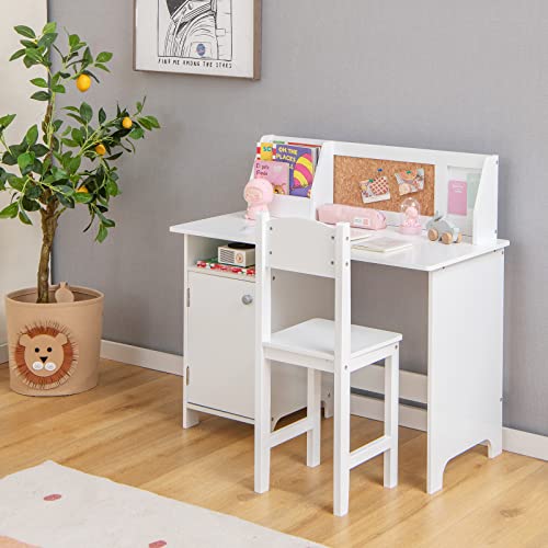 Costzon Kids Desk and Chair Set, Wooden Children Study Table with Hutch, Cabinet, Bulletin Board, Student Computer Workstation Writing Table for Bedroom, Study Room, Gift for Boys Girls 3+ (White)