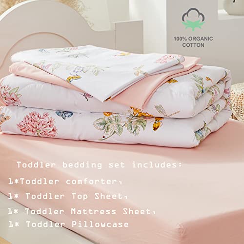 Brandream Toddler Bedding Set Girls Pink Garden Butterfly Floral Comforter Sheet Set Best Cotton Kids Baby Bedding 4Pcs Blush White Green