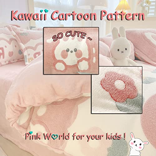 LMONMOO Pink Duvet Cover Queen Size, Fluffy Comforter Cover Set, Kawaii Bunny Bedding Sets for Girl Ultra Soft Cute Floral Bed Set for Kids(Pink Bunny, Queen)