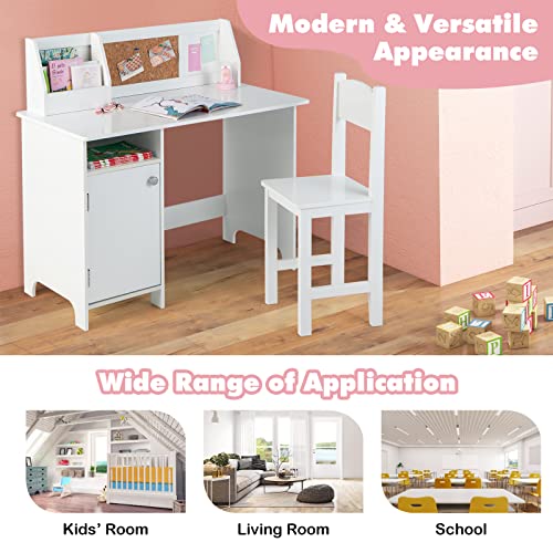 Costzon Kids Desk and Chair Set, Wooden Children Study Table with Hutch, Cabinet, Bulletin Board, Student Computer Workstation Writing Table for Bedroom, Study Room, Gift for Boys Girls 3+ (White)