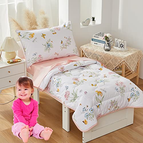 Brandream Toddler Bedding Set Girls Pink Garden Butterfly Floral Comforter Sheet Set Best Cotton Kids Baby Bedding 4Pcs Blush White Green
