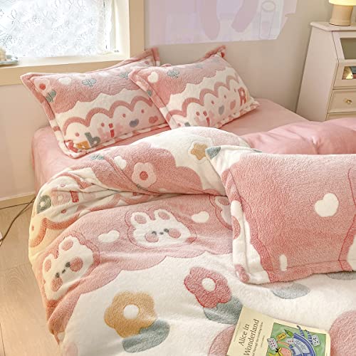LMONMOO Pink Duvet Cover Queen Size, Fluffy Comforter Cover Set, Kawaii Bunny Bedding Sets for Girl Ultra Soft Cute Floral Bed Set for Kids(Pink Bunny, Queen)