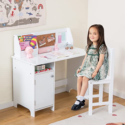 Costzon Kids Desk and Chair Set, Wooden Children Study Table with Hutch, Cabinet, Bulletin Board, Student Computer Workstation Writing Table for Bedroom, Study Room, Gift for Boys Girls 3+ (White)