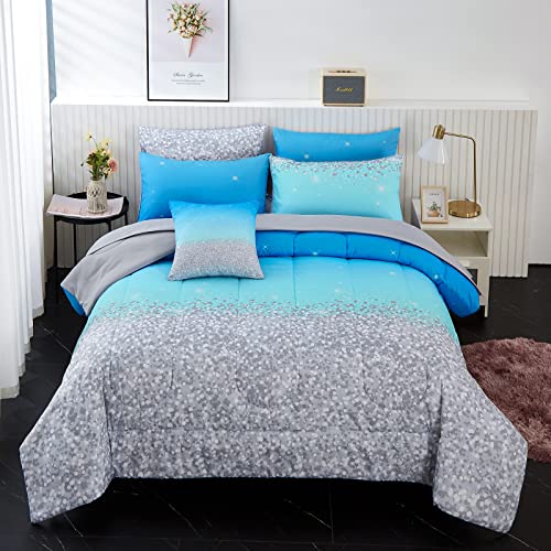 inron Aqua Glitter Comforter Sets for Girls Women,Full Size 5-Pieces Bed in a Bag Ultra Soft Microfiber Comforter and Sheet Sets, All Season Durable Bedding Set(Aqua,Full)
