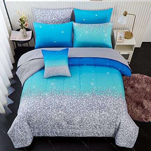 inron Aqua Glitter Comforter Sets for Girls Women,Full Size 5-Pieces Bed in a Bag Ultra Soft Microfiber Comforter and Sheet Sets, All Season Durable Bedding Set(Aqua,Full)