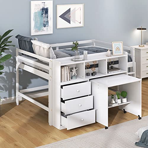 Harper & Bright Designs Full Size Loft Bed with Desk, Solid Wood Low Loft Bed Frame with Storage Drawers and Shelves, for Kids Teens Girls Boys (Full, White)
