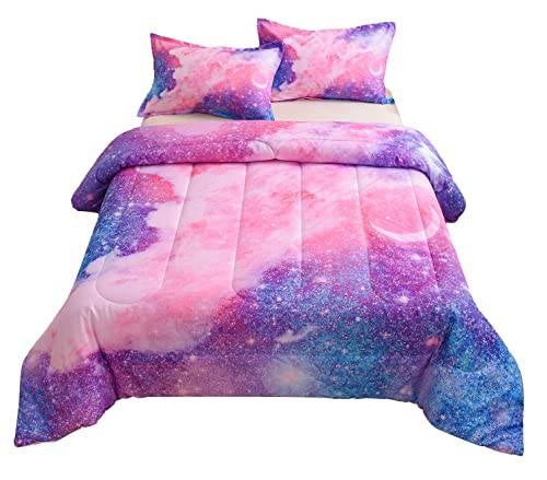 A Nice Night Galaxy Bedding Sets Outer Space Comforter 3D Printed Space Quilt Set Twin Size Glitter Pink Color,for Children Boy Girl Teen Kids