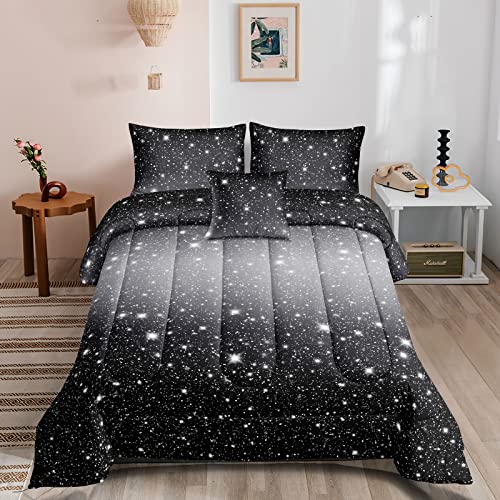 ROWADALO 6 Pieces Black Grey Glitter Sparkles Comforter Set Full Size,Galaxy Starry Sky Bedding Sets 6 Pcs Bed in A Bag for Kids Teen Girls Ultra Soft All-Season Girls Comforter Set,DJT-GB5001-Full