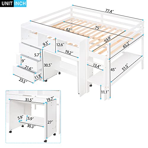 Harper & Bright Designs Full Size Loft Bed with Desk, Solid Wood Low Loft Bed Frame with Storage Drawers and Shelves, for Kids Teens Girls Boys (Full, White)