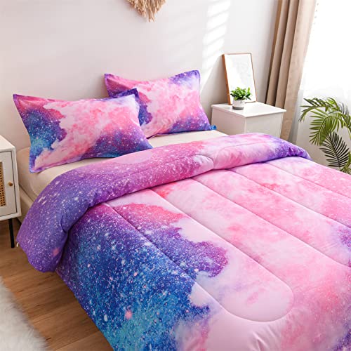 A Nice Night Galaxy Bedding Sets Outer Space Comforter 3D Printed Space Quilt Set Twin Size Glitter Pink Color,for Children Boy Girl Teen Kids