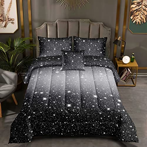 ROWADALO 6 Pieces Black Grey Glitter Sparkles Comforter Set Full Size,Galaxy Starry Sky Bedding Sets 6 Pcs Bed in A Bag for Kids Teen Girls Ultra Soft All-Season Girls Comforter Set,DJT-GB5001-Full