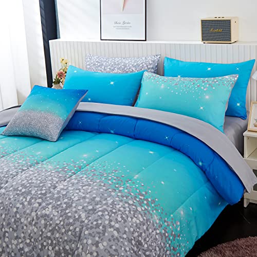 inron Aqua Glitter Comforter Sets for Girls Women,Full Size 5-Pieces Bed in a Bag Ultra Soft Microfiber Comforter and Sheet Sets, All Season Durable Bedding Set(Aqua,Full)
