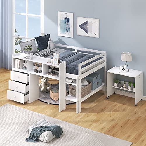 Harper & Bright Designs Full Size Loft Bed with Desk, Solid Wood Low Loft Bed Frame with Storage Drawers and Shelves, for Kids Teens Girls Boys (Full, White)