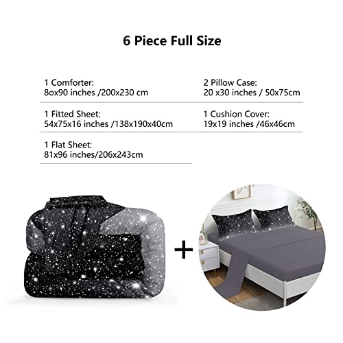 ROWADALO 6 Pieces Black Grey Glitter Sparkles Comforter Set Full Size,Galaxy Starry Sky Bedding Sets 6 Pcs Bed in A Bag for Kids Teen Girls Ultra Soft All-Season Girls Comforter Set,DJT-GB5001-Full