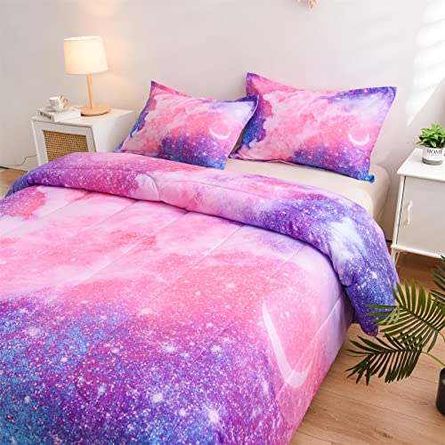 A Nice Night Galaxy Bedding Sets Outer Space Comforter 3D Printed Space Quilt Set Twin Size Glitter Pink Color,for Children Boy Girl Teen Kids