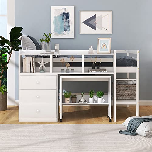 Harper & Bright Designs Full Size Loft Bed with Desk, Solid Wood Low Loft Bed Frame with Storage Drawers and Shelves, for Kids Teens Girls Boys (Full, White)