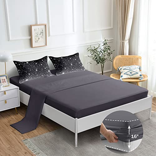 ROWADALO 6 Pieces Black Grey Glitter Sparkles Comforter Set Full Size,Galaxy Starry Sky Bedding Sets 6 Pcs Bed in A Bag for Kids Teen Girls Ultra Soft All-Season Girls Comforter Set,DJT-GB5001-Full
