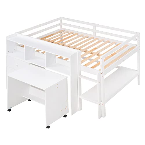 Harper & Bright Designs Full Size Loft Bed with Desk, Solid Wood Low Loft Bed Frame with Storage Drawers and Shelves, for Kids Teens Girls Boys (Full, White)