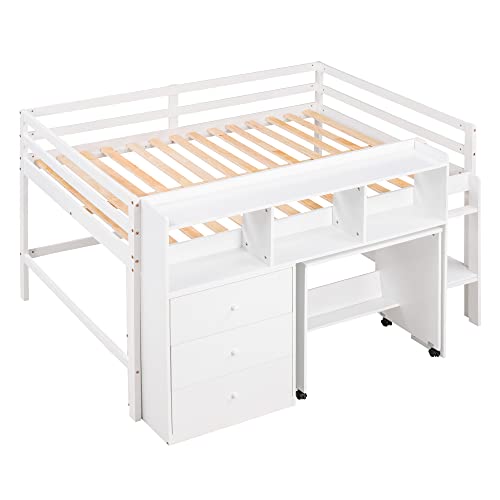 Harper & Bright Designs Full Size Loft Bed with Desk, Solid Wood Low Loft Bed Frame with Storage Drawers and Shelves, for Kids Teens Girls Boys (Full, White)