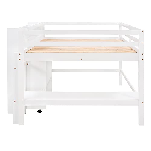 Harper & Bright Designs Full Size Loft Bed with Desk, Solid Wood Low Loft Bed Frame with Storage Drawers and Shelves, for Kids Teens Girls Boys (Full, White)