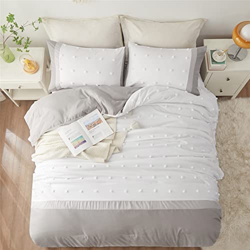 KAKKI Tufted Pom Pom Comforter Set Full/Queen Size for Boys Girls Kids Teen, Light Grey and White Patchwork Striped Jacquard Comforter, 3pc Soft Microfiber Bedding Set for All Season(Grey,Queen)