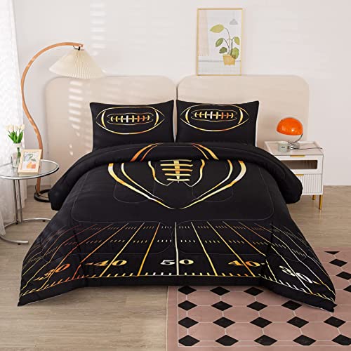 Boy Comforter Set Queen Size, Black and Gold Football Comforter Set, Sports Themed Bedding Set for Boys Girls, 3-Pieces Microfiber Comforter, 1 Comforter with 2 Matching Pillowcases, All-Season Use…