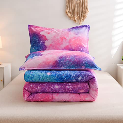 A Nice Night Galaxy Bedding Sets Outer Space Comforter 3D Printed Space Quilt Set Twin Size Glitter Pink Color,for Children Boy Girl Teen Kids