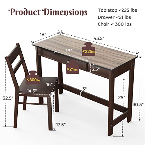 Tangkula Study Desk & Chair Set, Kids Learning Table with Drawer, Ergonomic Chair with Inclined Backrest, Students Computer Workstation with Solid Rubber Wood Feet, Teen Desk & Chair Set