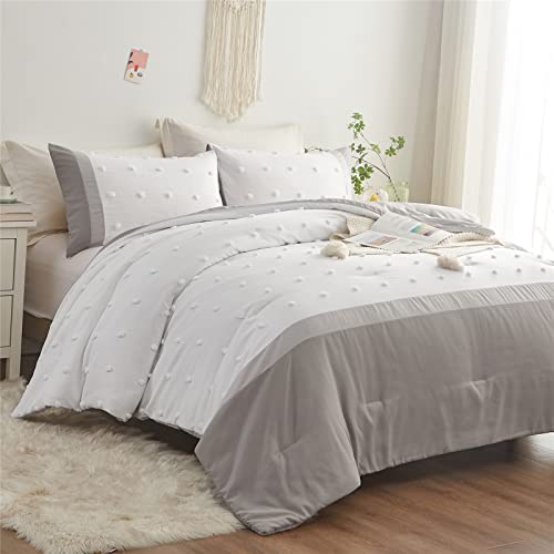 KAKKI Tufted Pom Pom Comforter Set Full/Queen Size for Boys Girls Kids Teen, Light Grey and White Patchwork Striped Jacquard Comforter, 3pc Soft Microfiber Bedding Set for All Season(Grey,Queen)