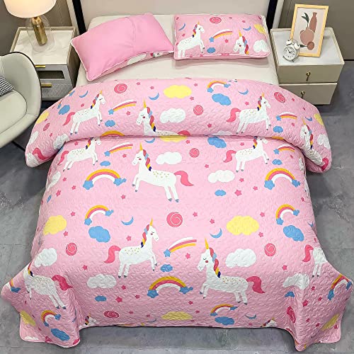 Unicorn Kids Quilt Set for Girls Twin Size Bedding Set 2-Piece Pink Unicorn Rainbow Comforter Set Reversible Quilted Bedspread Coverlet Lightweight Bed Sheet Set Cover Throw Blanket with Pillow Sham
