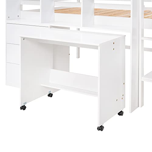 Harper & Bright Designs Full Size Loft Bed with Desk, Solid Wood Low Loft Bed Frame with Storage Drawers and Shelves, for Kids Teens Girls Boys (Full, White)