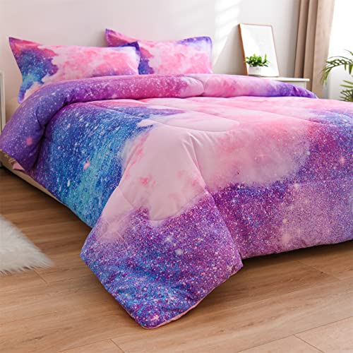 A Nice Night Galaxy Bedding Sets Outer Space Comforter 3D Printed Space Quilt Set Twin Size Glitter Pink Color,for Children Boy Girl Teen Kids