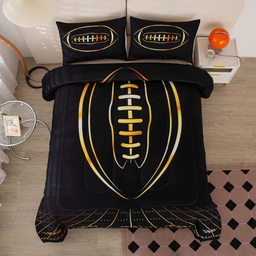 Boy Comforter Set Queen Size, Black and Gold Football Comforter Set, Sports Themed Bedding Set for Boys Girls, 3-Pieces Microfiber Comforter, 1 Comforter with 2 Matching Pillowcases, All-Season Use…