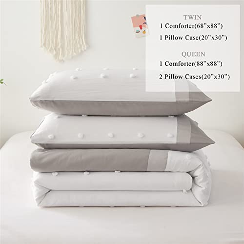 KAKKI Tufted Pom Pom Comforter Set Full/Queen Size for Boys Girls Kids Teen, Light Grey and White Patchwork Striped Jacquard Comforter, 3pc Soft Microfiber Bedding Set for All Season(Grey,Queen)