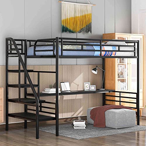 ATY Metal Twin Size Loft Bed with Desk, Steel Bedframe w/Stairs and Guard Rail, Perfect for Teens, Kids, Students, No Box Spring Needed, Black