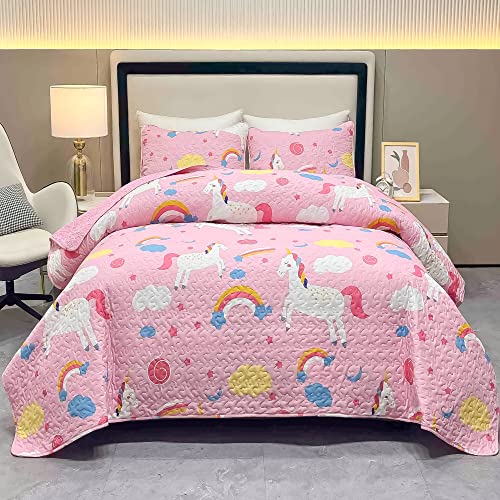 Unicorn Kids Quilt Set for Girls Twin Size Bedding Set 2-Piece Pink Unicorn Rainbow Comforter Set Reversible Quilted Bedspread Coverlet Lightweight Bed Sheet Set Cover Throw Blanket with Pillow Sham