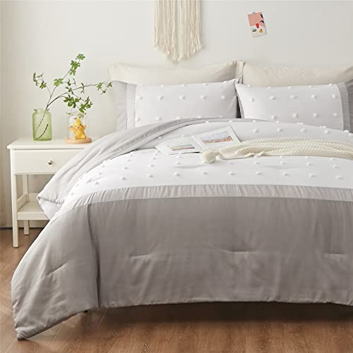 KAKKI Tufted Pom Pom Comforter Set Full/Queen Size for Boys Girls Kids Teen, Light Grey and White Patchwork Striped Jacquard Comforter, 3pc Soft Microfiber Bedding Set for All Season(Grey,Queen)