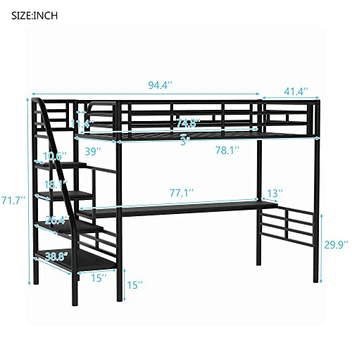 ATY Metal Twin Size Loft Bed with Desk, Steel Bedframe w/Stairs and Guard Rail, Perfect for Teens, Kids, Students, No Box Spring Needed, Black